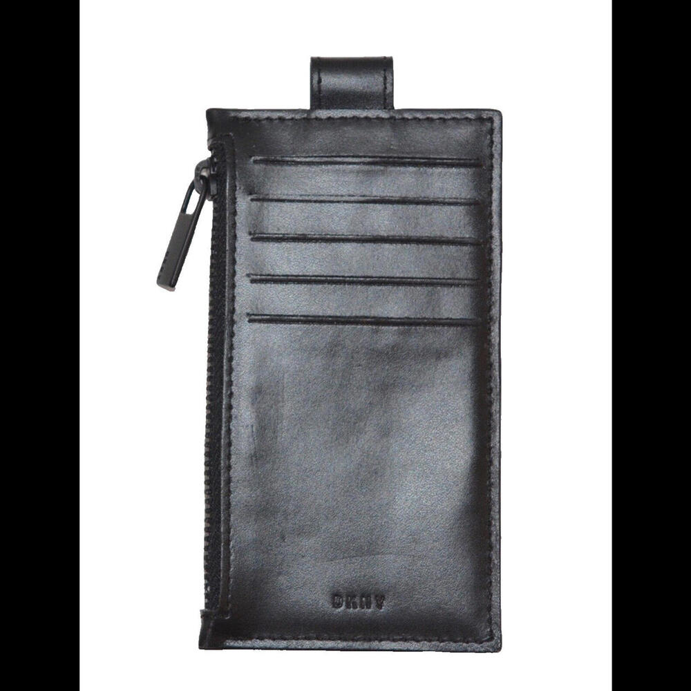DKNY ID Card Holder Leather Card Case Wallet Zip Pouch Black